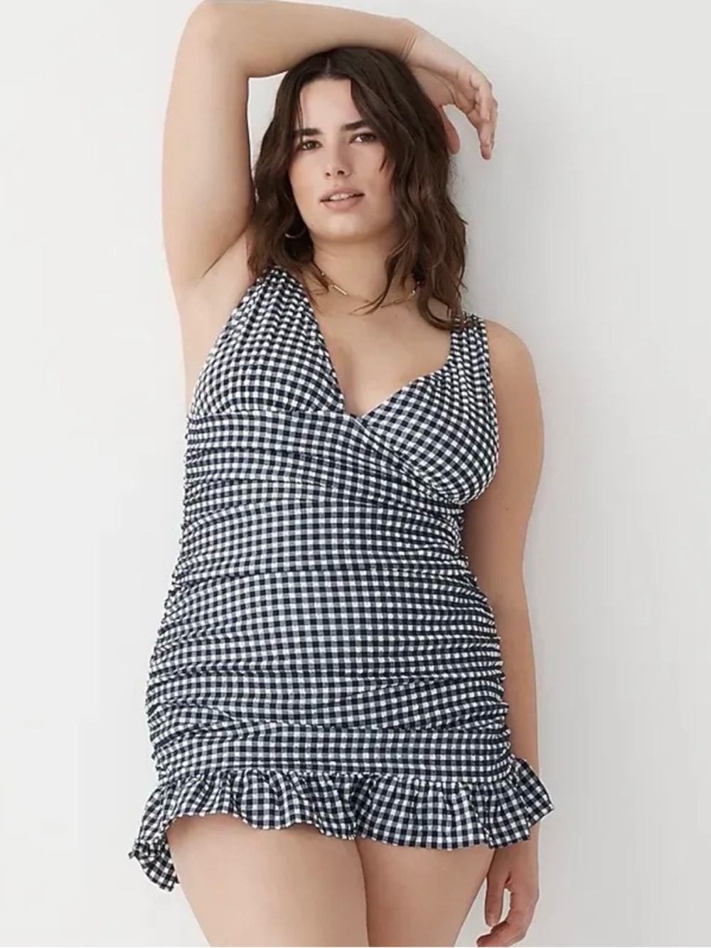 J. Crew Black and White Gingham Ruched One-Piece Swimsuit